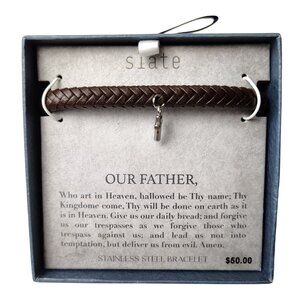 Slate Mens Braided Leather Bracelet With Stainless Steel Cross Charm